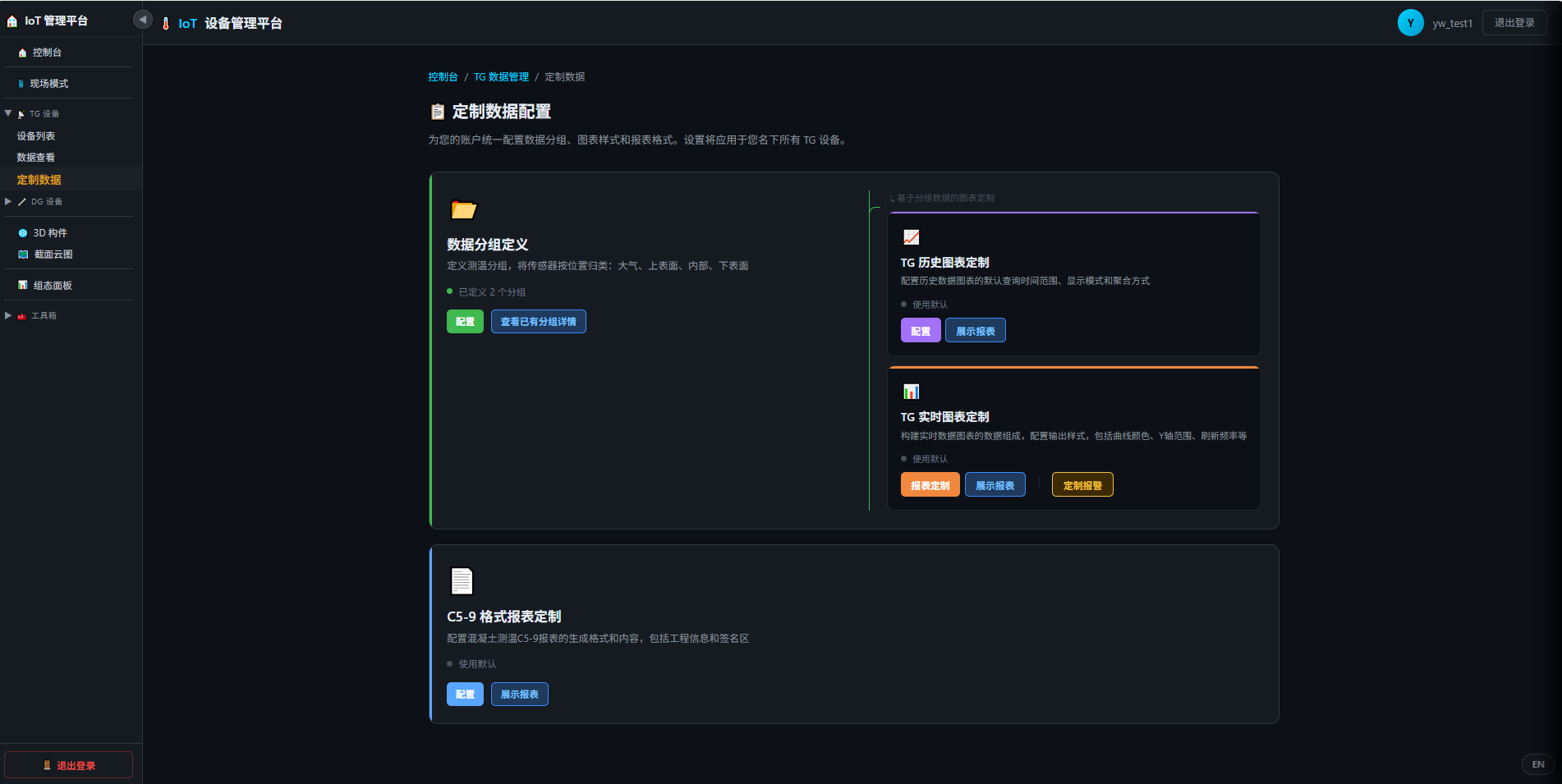 图 7-1 定制数据系统首页（宽屏版）—— 数据分组、历史/实时图表与 C5-9 报表入口